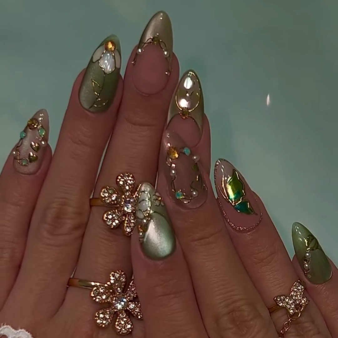 Ethereal Bloom press-on nail set - XS to L sizing, cat-eye velvet design
