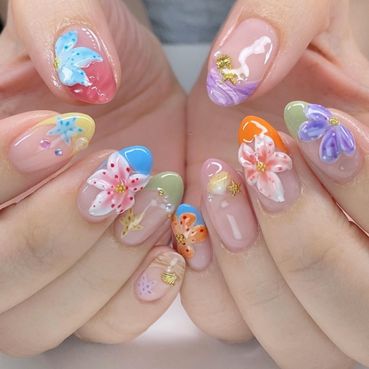 Coastal Bloom press-on nails close-up texture detail - floral finish, US shipping