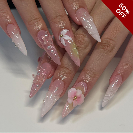 Floral Haze cat-eye velvet press-on nails - almond shape, front view