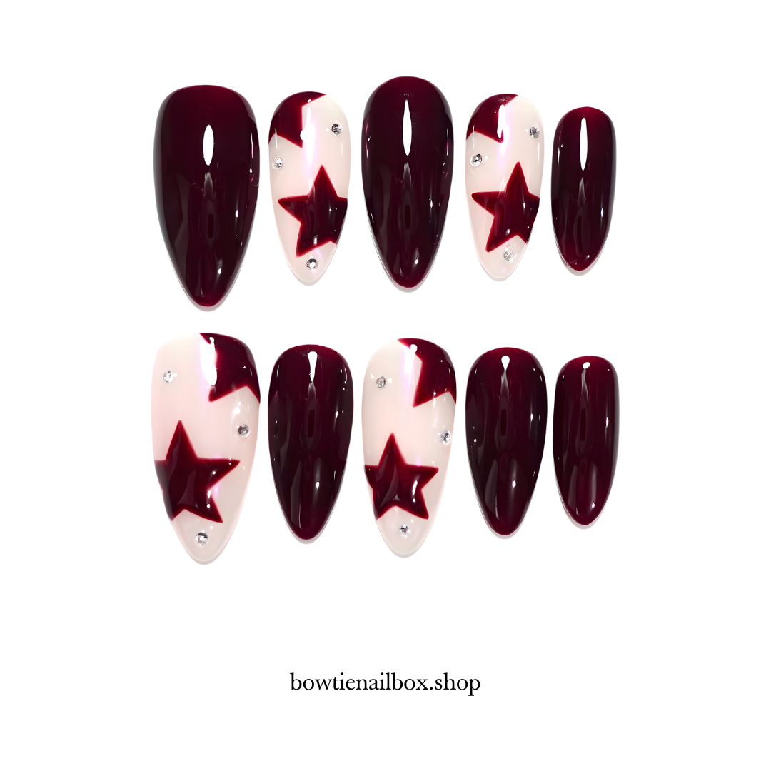 STARLET RED milky cloud dancer press-on nails - almond shape, front view