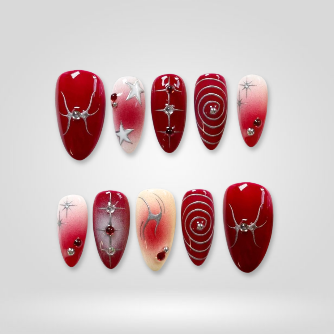 Ruby Star berry press-on nails - almond shape, front view