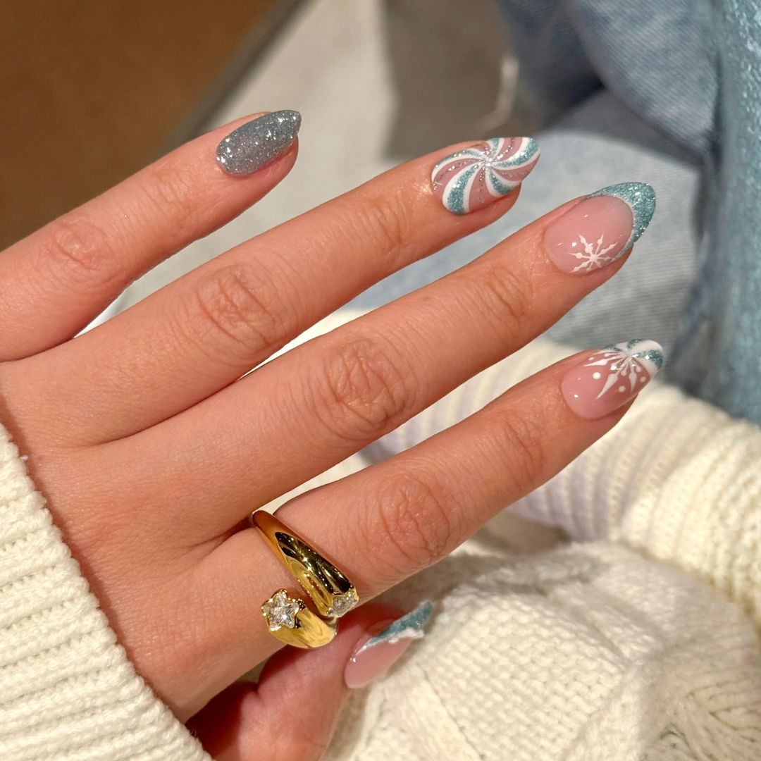 Holiday Magic press-on nails close-up texture detail - ombre gradient finish, US shipping