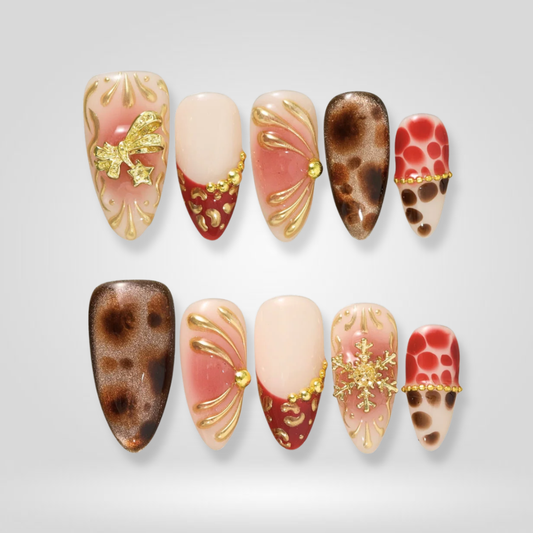 Golden Ember seasonal press-on nails - almond shape, front view