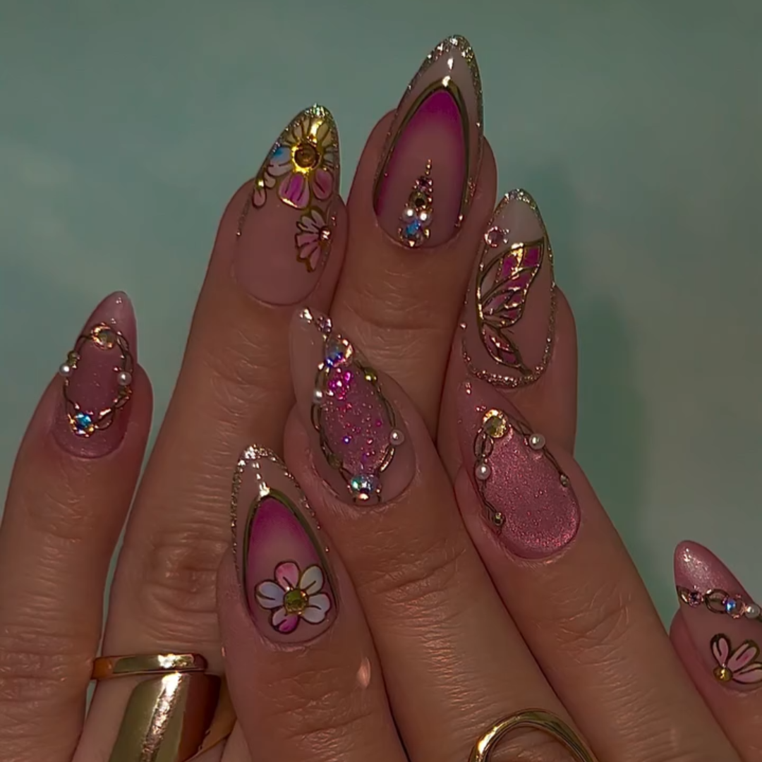Ethereal Bloom press-on nails close-up texture detail - cat-eye velvet finish, US shipping