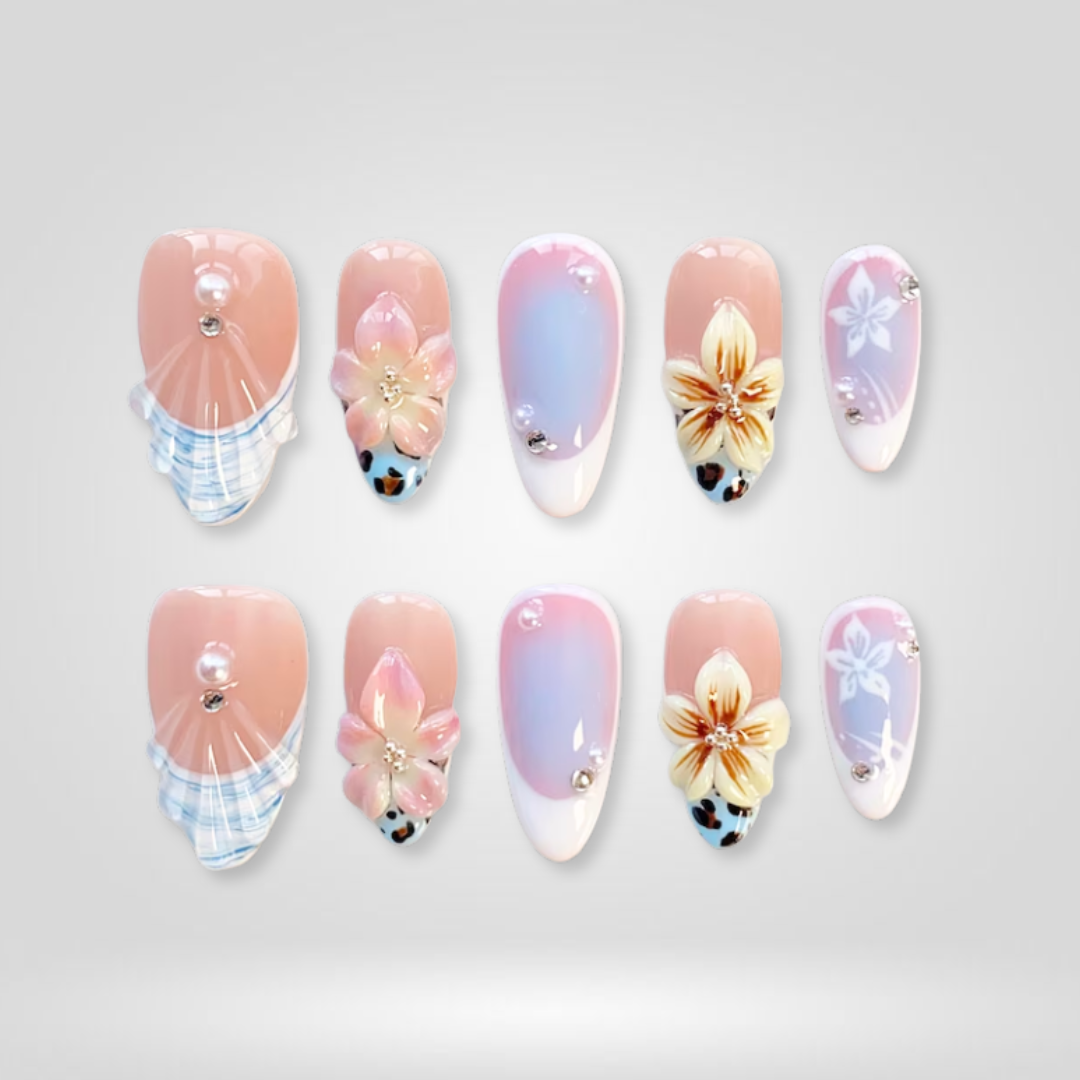 Soft Bloom floral press-on nails - almond shape, front view