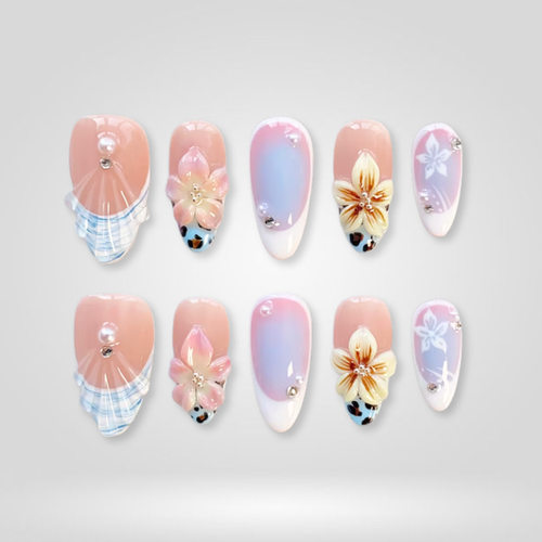 Soft Bloom floral press-on nails - almond shape, front view
