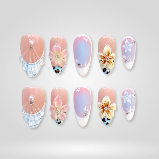 Soft Bloom floral press-on nails - almond shape, front view