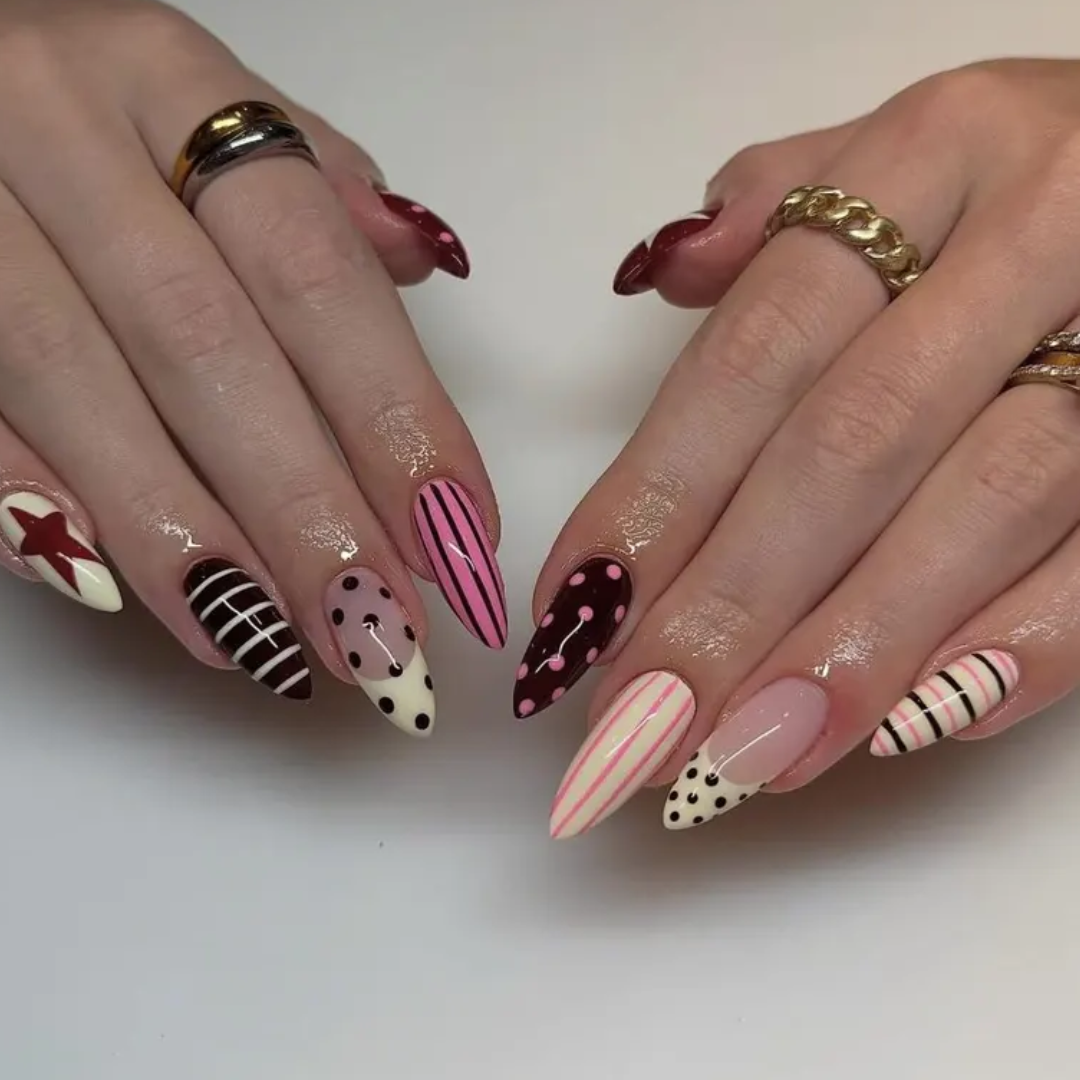 Cherry Dot polka dot press-on nails - almond shape, front view