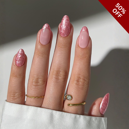 Soft Bloom press-on nails on hand - lifestyle photo, cat-eye velvet finish