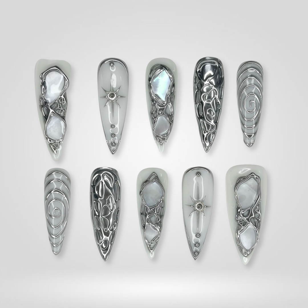 Metallic Bloom 3d sculptural press-on nails - almond shape, front view