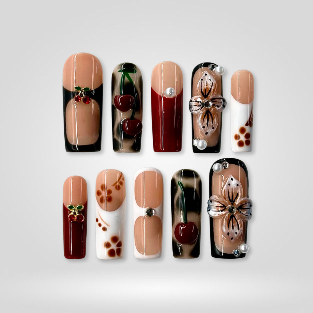 Cherry Luxe berry press-on nails - square shape, front view