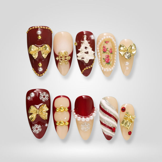 Glam Noel seasonal press-on nails - almond shape, front view