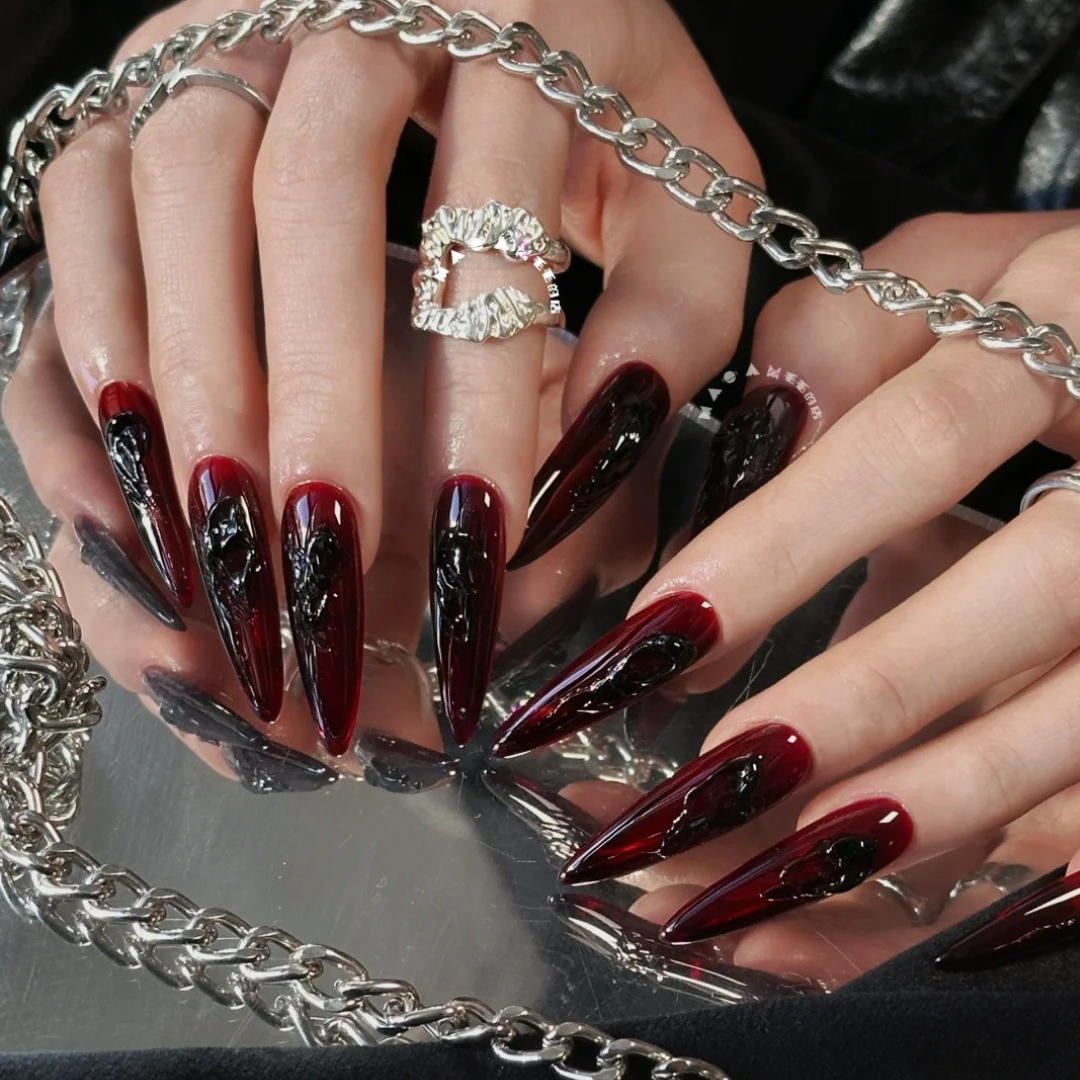 Raven’s Blood seasonal press-on nails - almond shape, front view