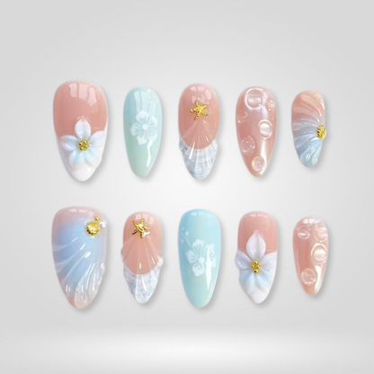 Ocean Shell floral press-on nails - almond shape, front view
