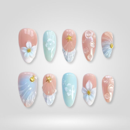 Ocean Shell floral press-on nails - almond shape, front view