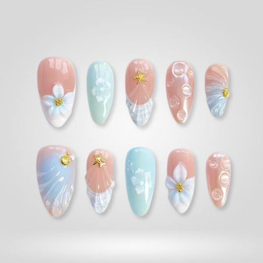 Ocean Shell floral press-on nails - almond shape, front view