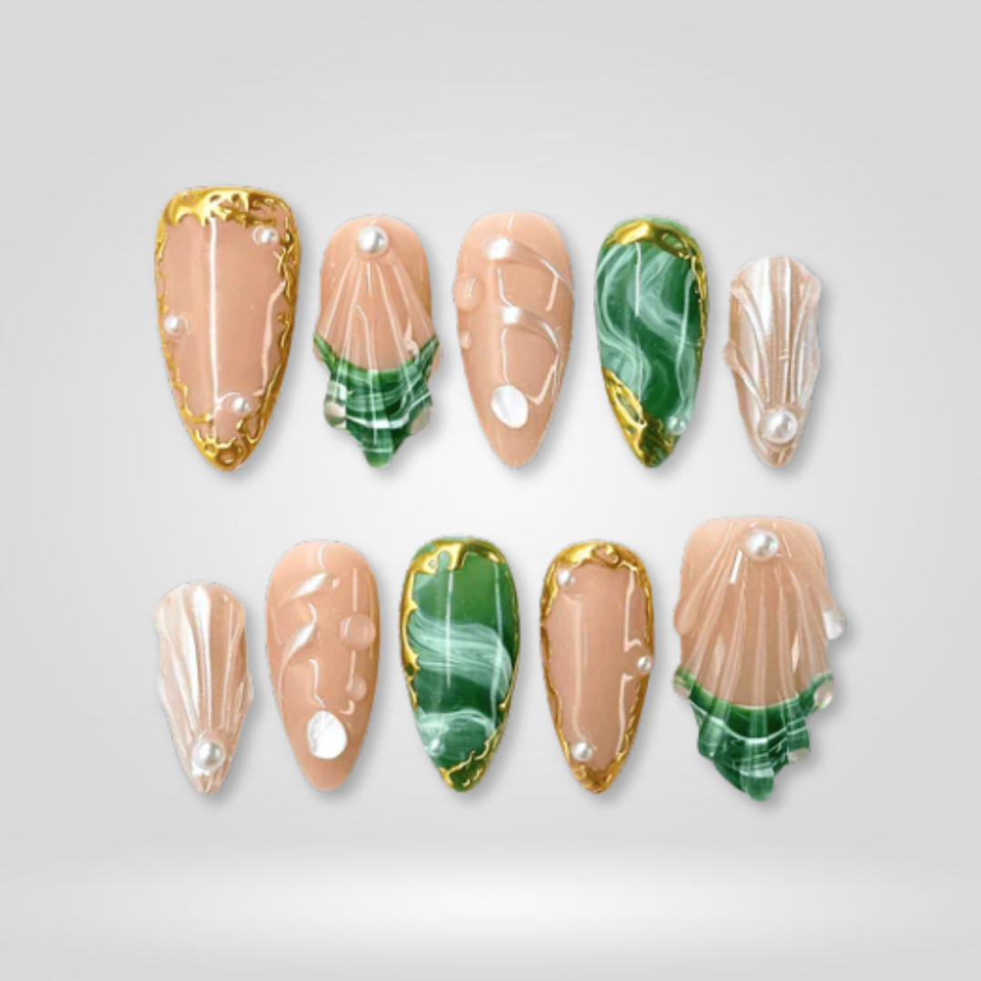 Emerald Glow soft neutral press-on nails - almond shape, front view