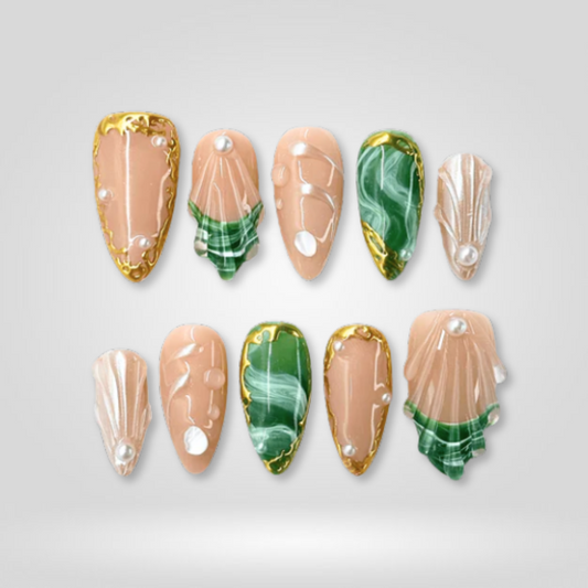Emerald Glow soft neutral press-on nails - almond shape, front view