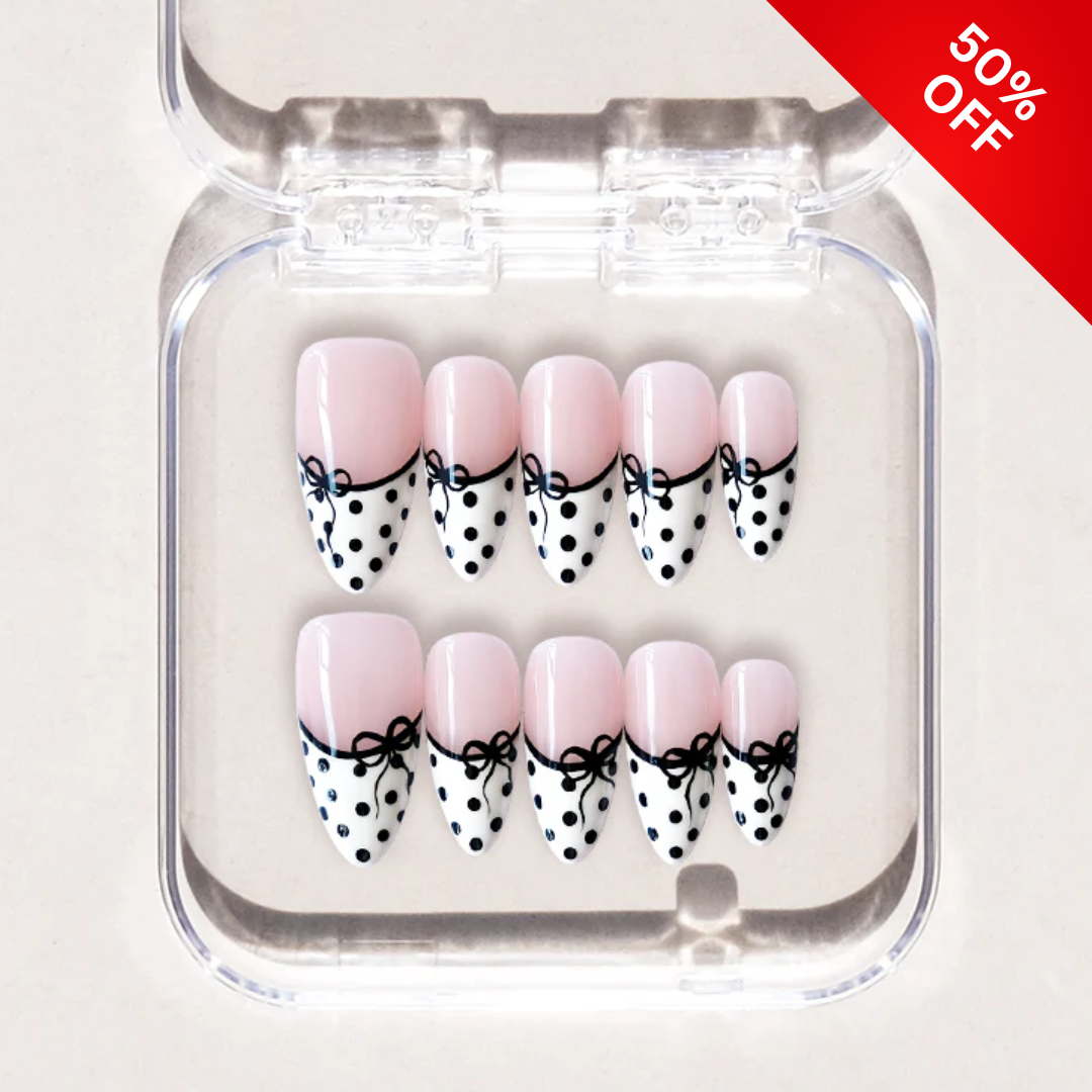 Soft Romance press-on nails on hand - lifestyle photo, polka dot finish