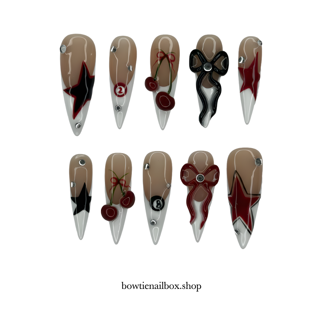 ARCADE REBEL soft neutral press-on nails - almond shape, front view