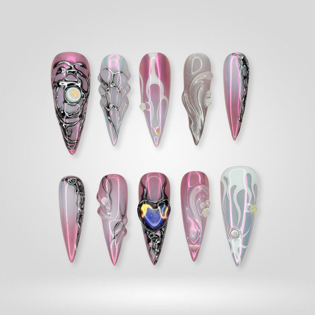 Cosmic Eclipse 3d sculptural press-on nails - almond shape, front view