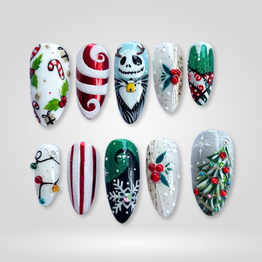 Holly Night seasonal press-on nails - almond shape, front view