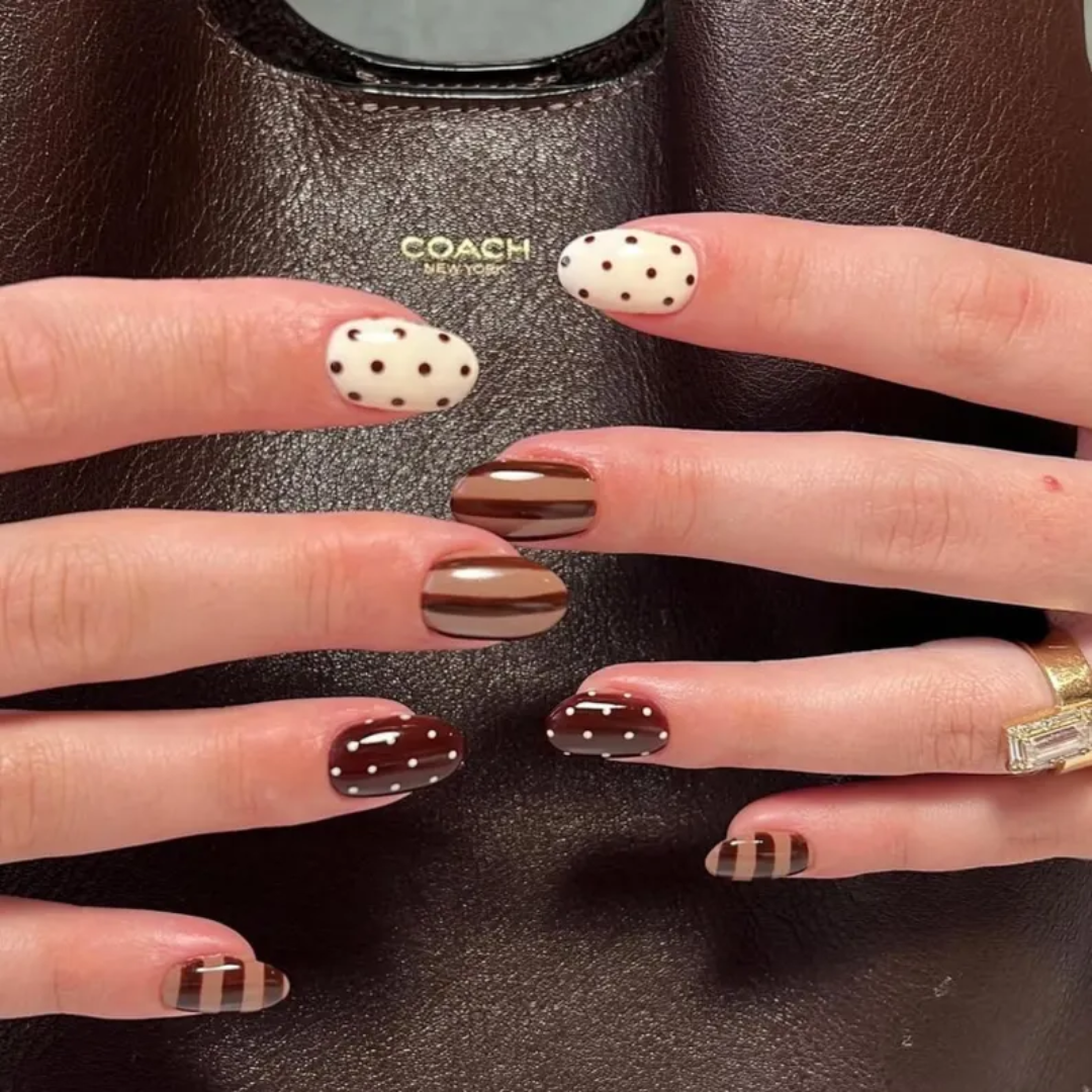 Mocha Pop polka dot press-on nails - almond shape, front view