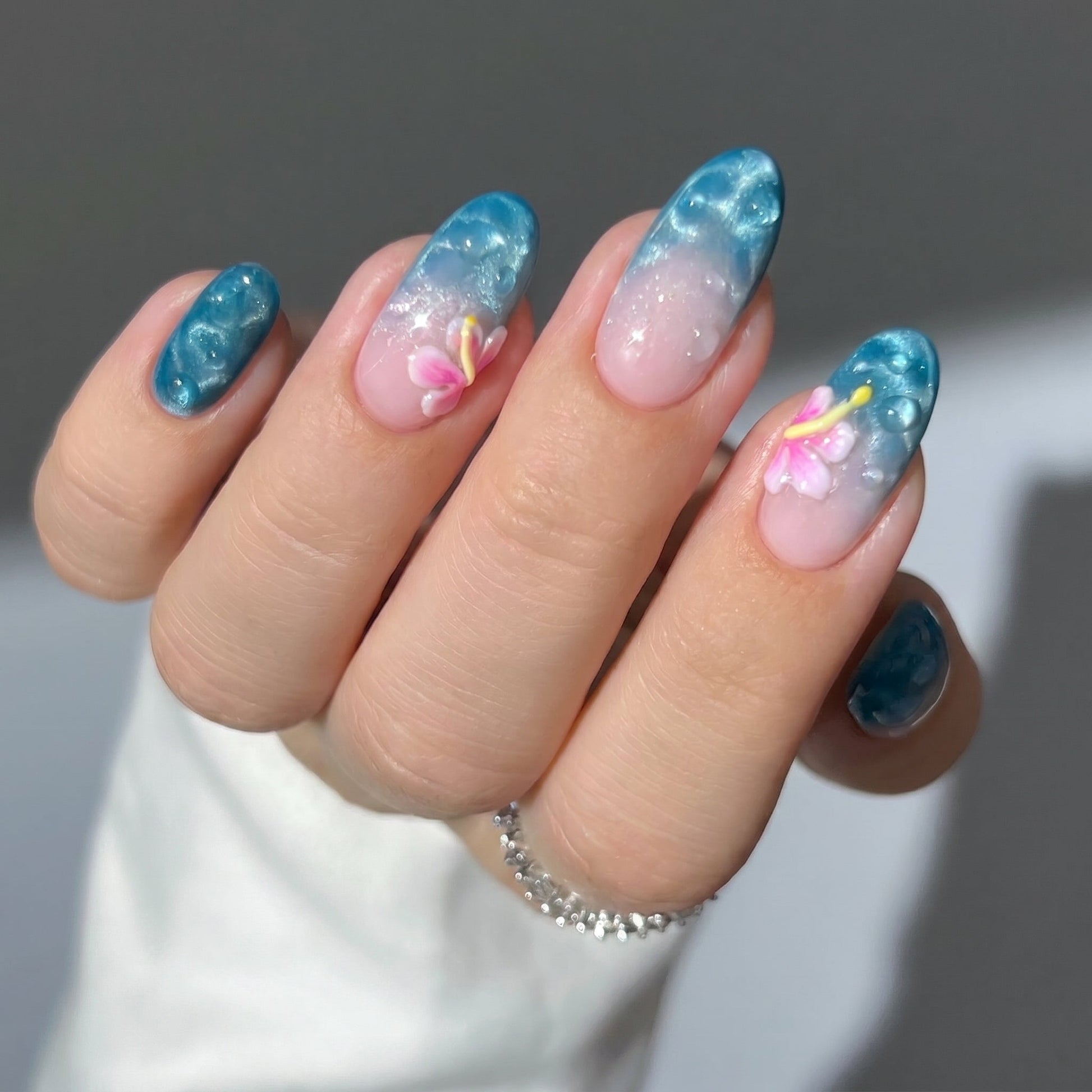 Summer Muse cat-eye velvet press-on nails - almond shape, front view