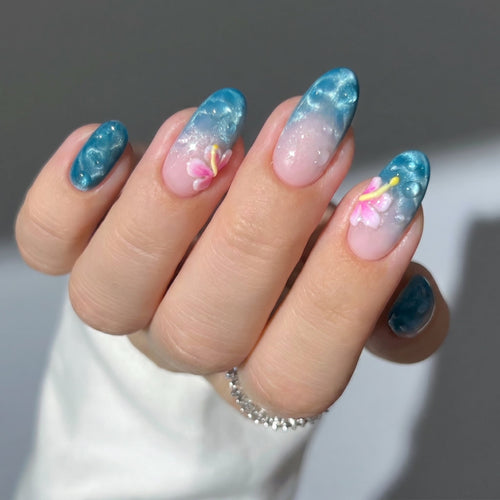 Summer Muse cat-eye velvet press-on nails - almond shape, front view