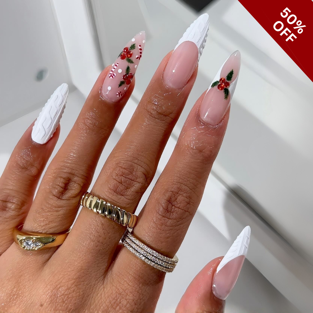 Festive Cheer press-on nails on hand - lifestyle photo, ombre gradient finish