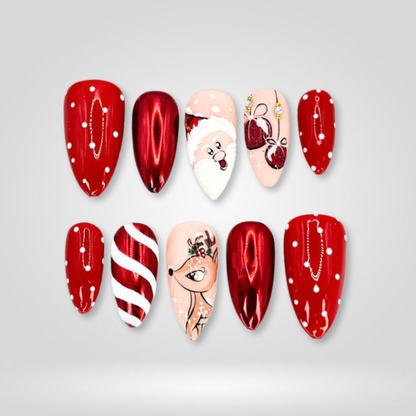 Santa Glow seasonal press-on nails - almond shape, front view