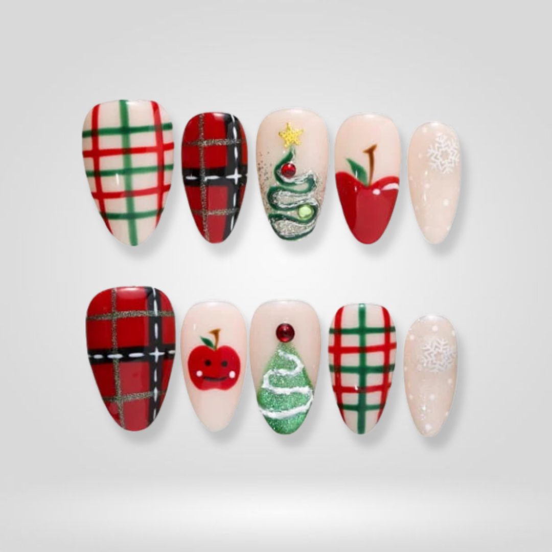Plaid Fest seasonal press-on nails - almond shape, front view