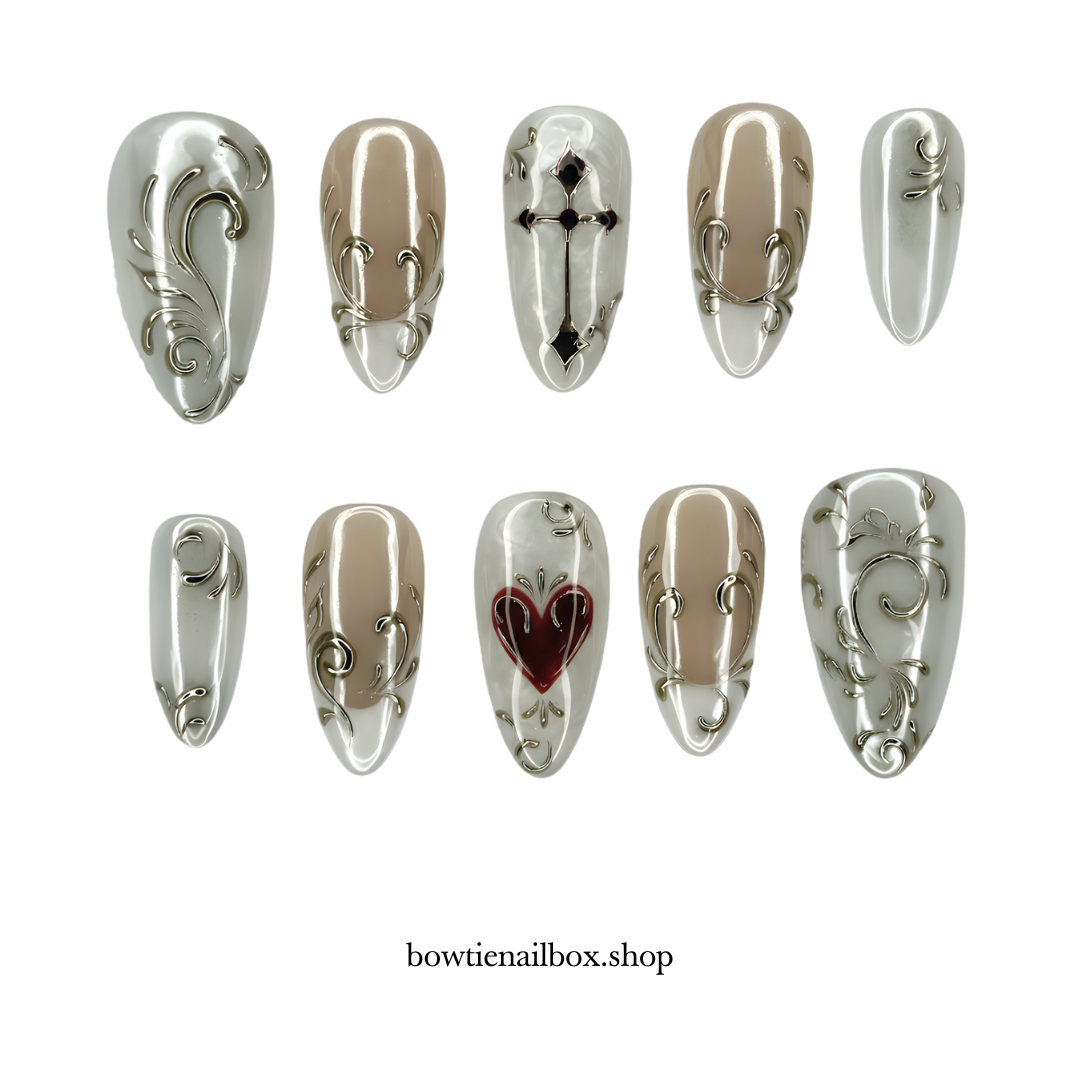 ETHEAREAL DEVOTION milky cloud dancer press-on nails - almond shape, front view