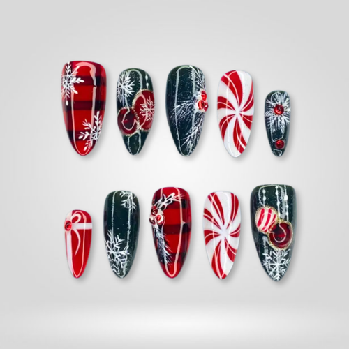 Winter Plaid seasonal press-on nails - almond shape, front view