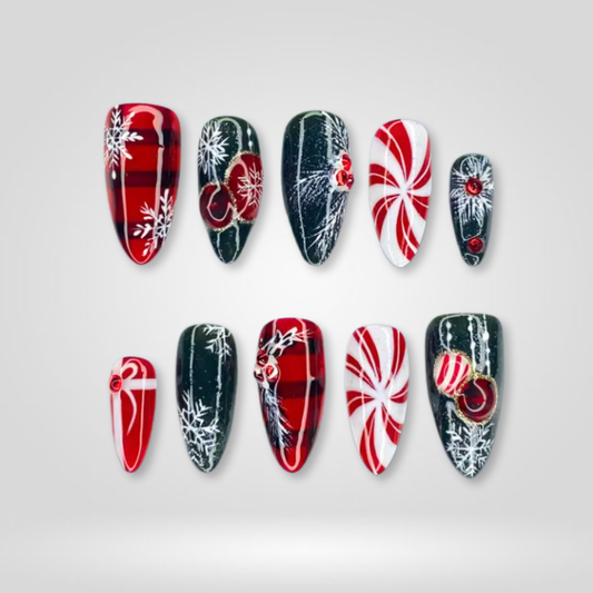 Winter Plaid seasonal press-on nails - almond shape, front view