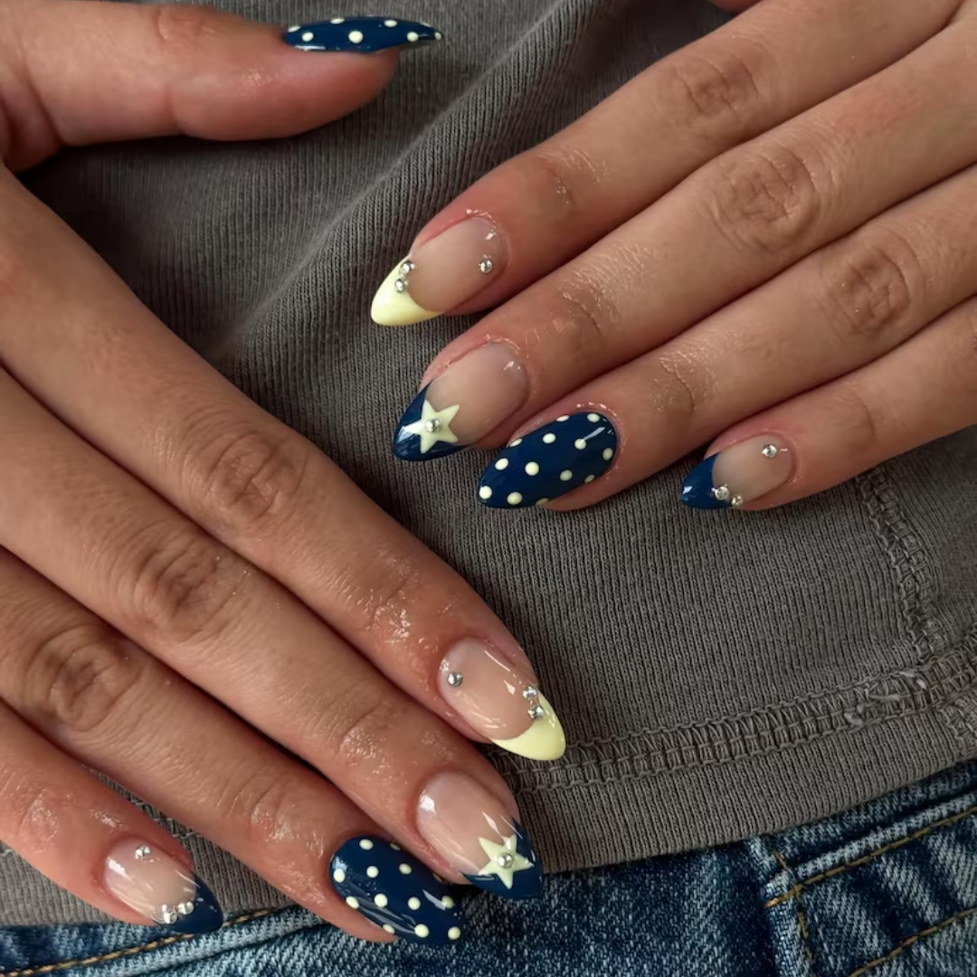 Vanilla Bow polka dot press-on nails - almond shape, front view