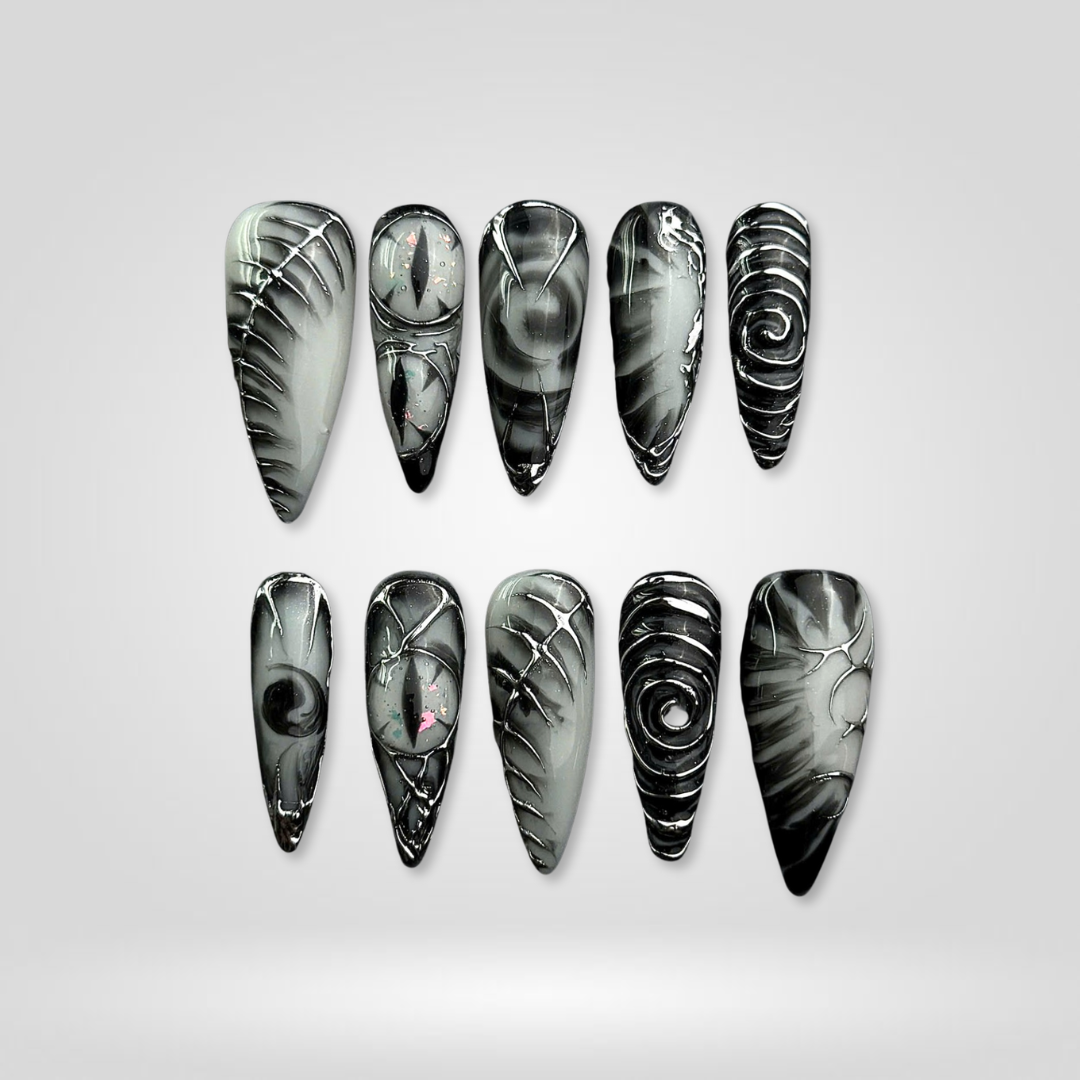 Gothic Allure press-on nails on hand - lifestyle photo, seasonal finish