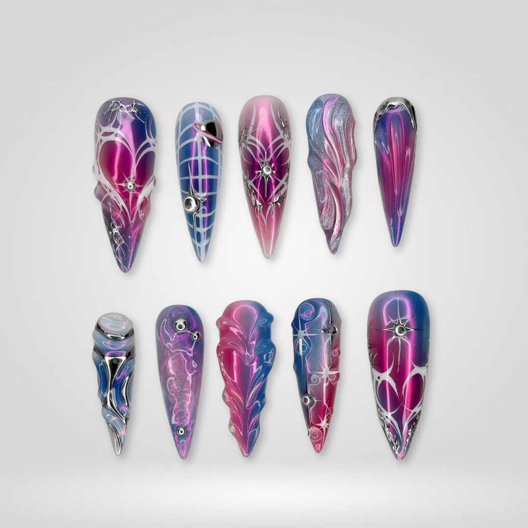 Metallic Flame 3d sculptural press-on nails - almond shape, front view