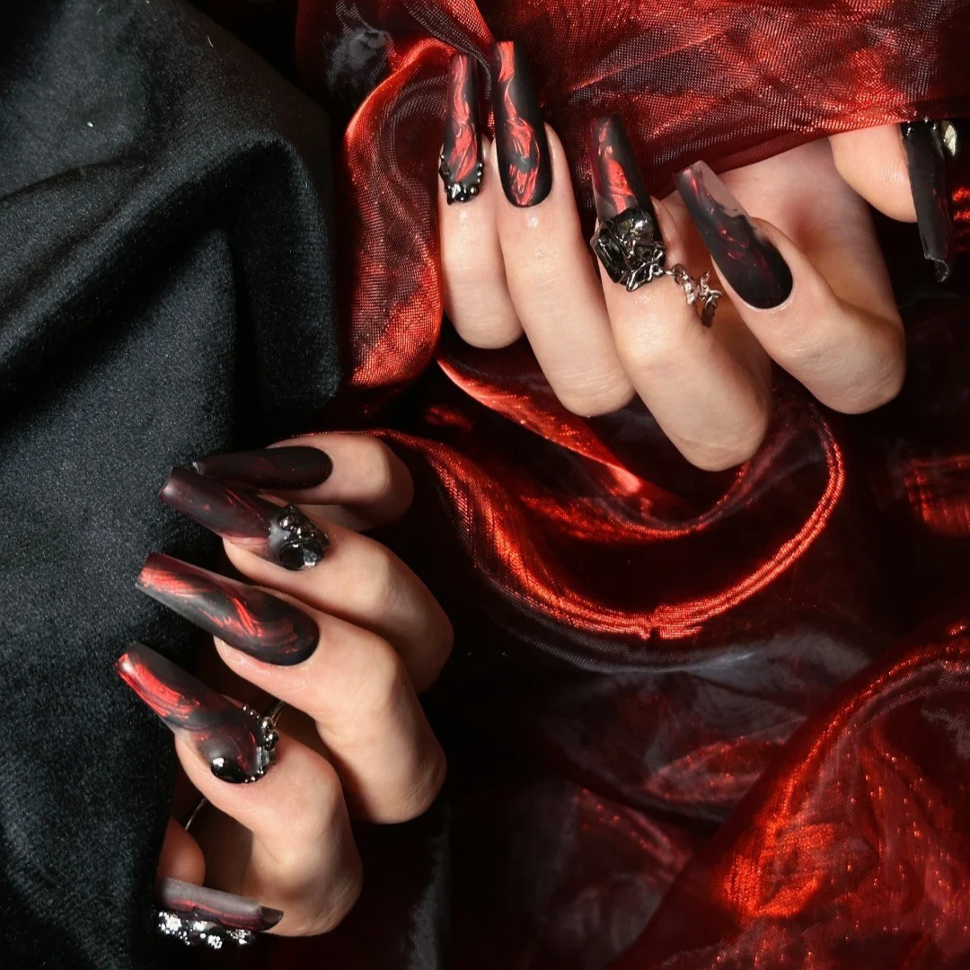 Dark Angel press-on nails close-up texture detail - seasonal finish, US shipping