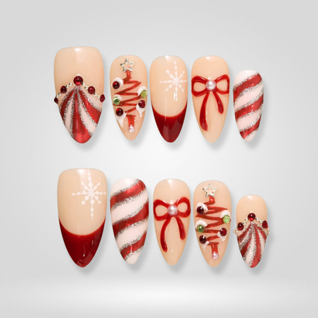 Candy Bow seasonal press-on nails - almond shape, front view