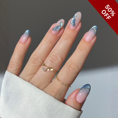 Celestial Petals press-on nails on hand - lifestyle photo, cat-eye velvet finish