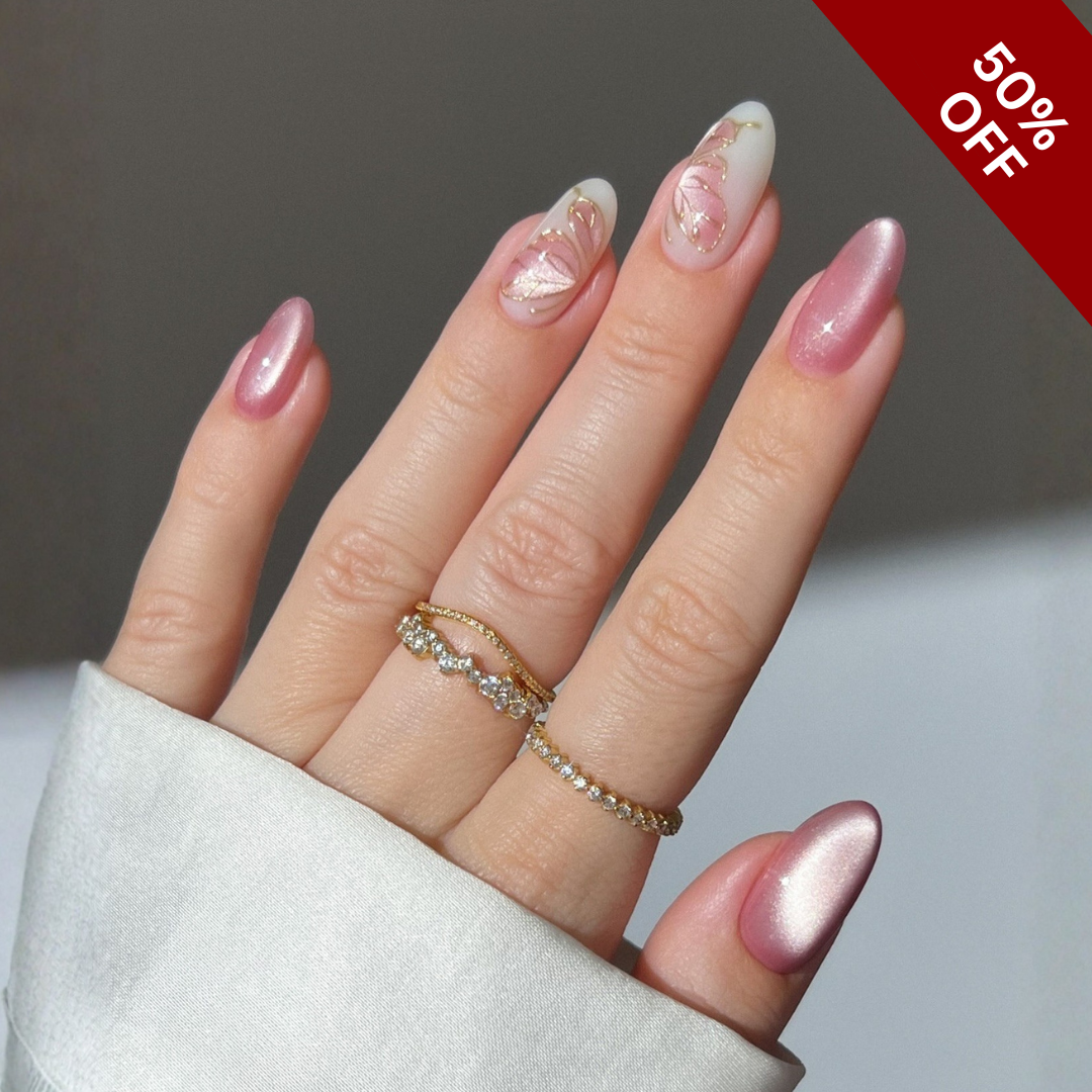 Celestial Petals press-on nail set - XS to L sizing, cat-eye velvet design