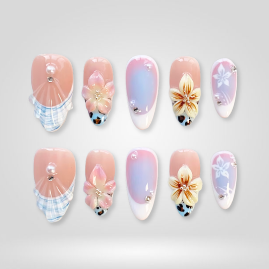 Orchid Citrus floral press-on nails - almond shape, front view