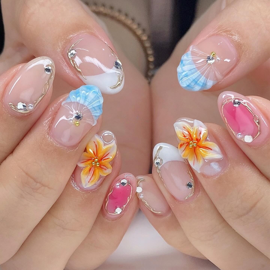 Coastal Bloom cat-eye velvet press-on nails - almond shape, front view