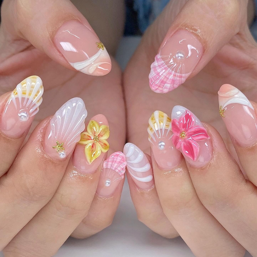 Coastal Bloom press-on nails on hand - lifestyle photo, cat-eye velvet finish