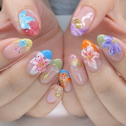Coastal Bloom press-on nail set - XS to L sizing, cat-eye velvet design