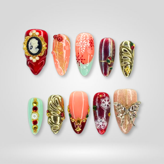 Vintage Noel seasonal press-on nails - almond shape, front view