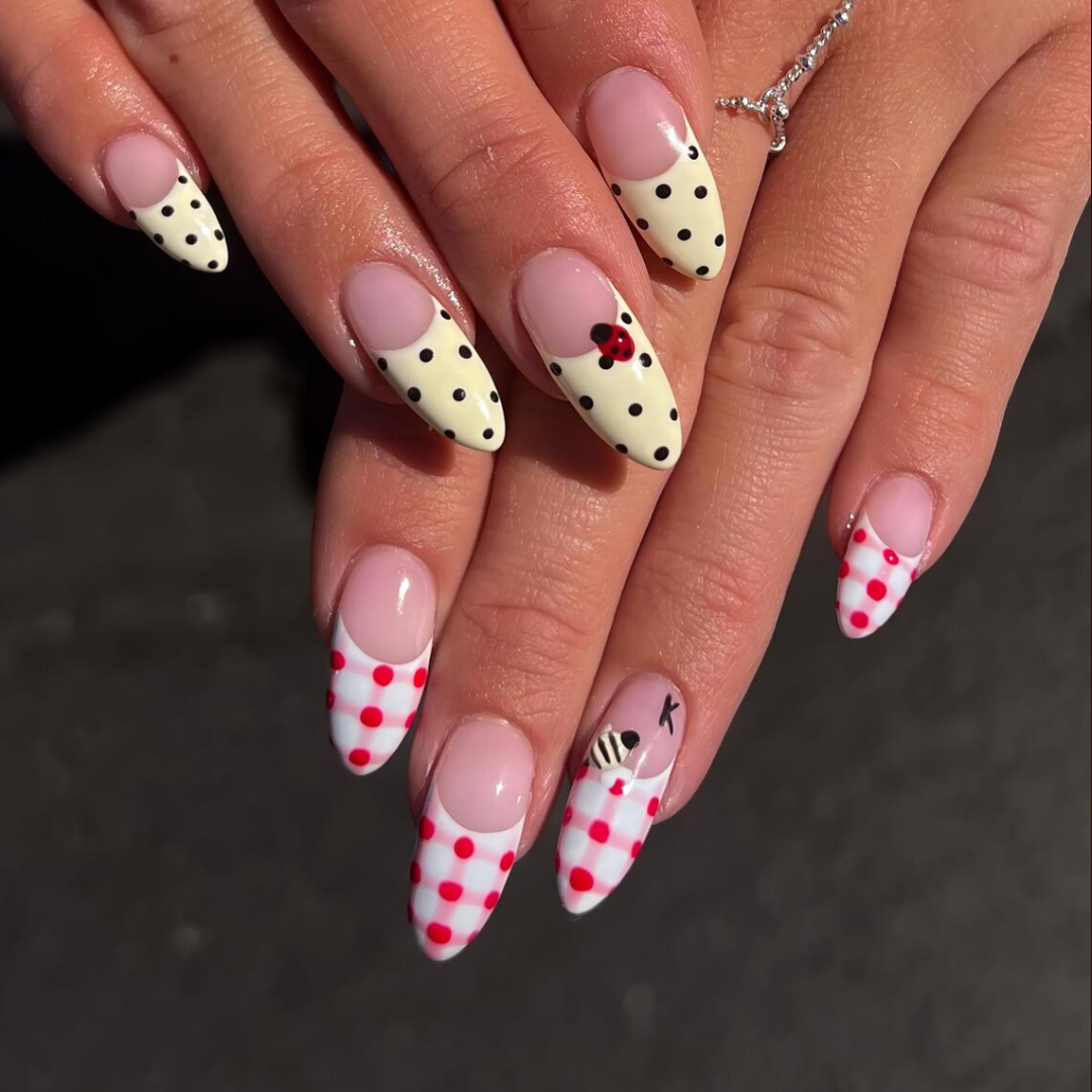 Polka Bloom polka dot press-on nails - almond shape, front view