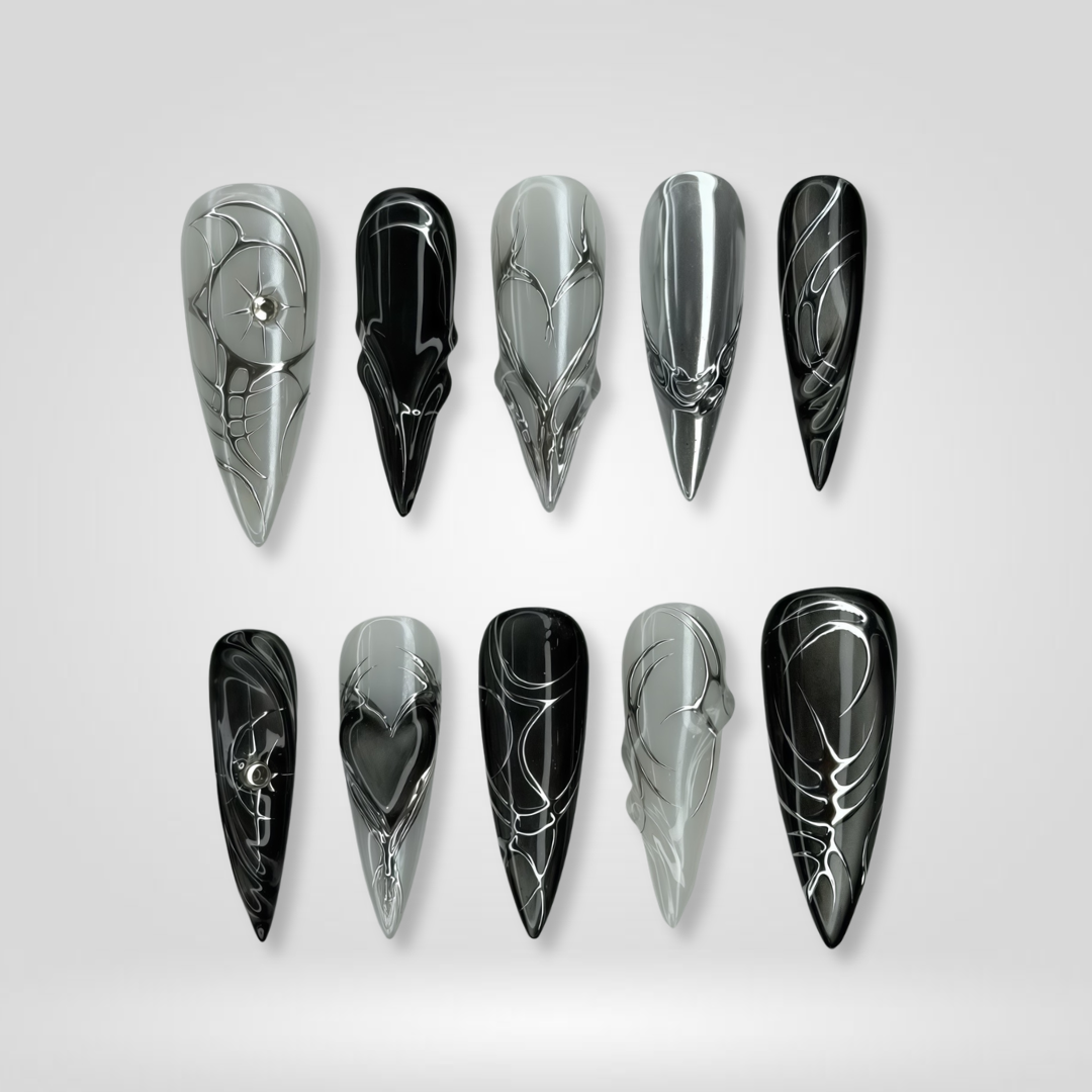 Silver Abyss pearl-shift press-on nails - almond shape, front view