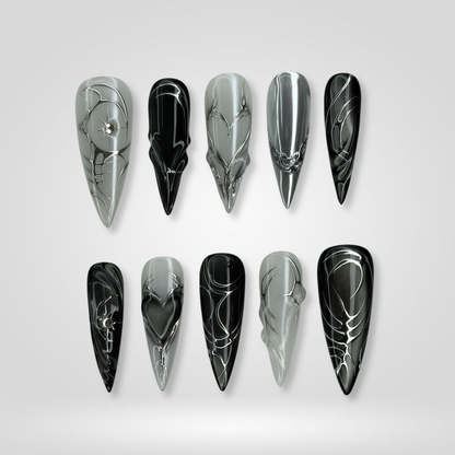 Silver Abyss pearl-shift press-on nails - almond shape, front view